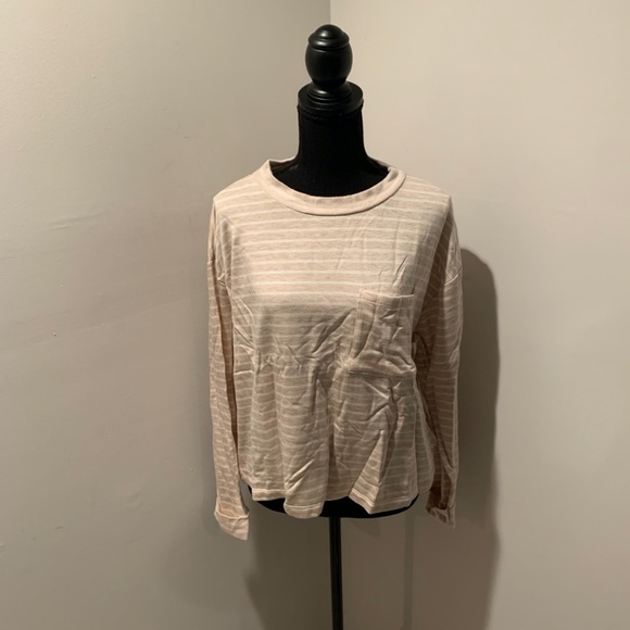 Lush Long Sleeve Stripe Pocket Tee Oatmeal & White Medium NEW - Picture 2 of 6